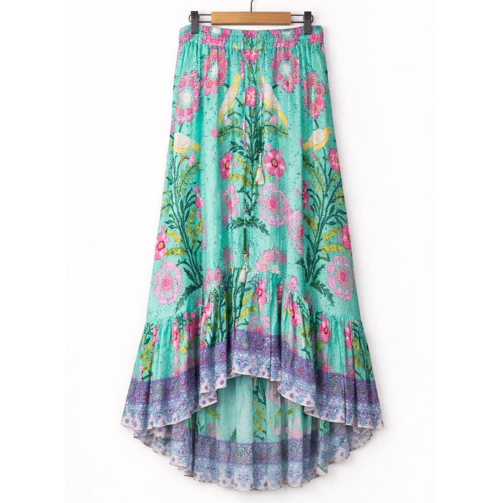 Bell by Alicia Bell Margo Maxi Skirt Green Pink Bird Coastal Boho Print Small